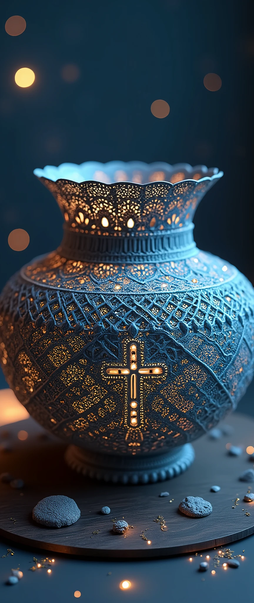 The beautiful crockery look as if they were woven three-dimensionally with beautiful delicate lace with many religious designs, the surface of the vase has a color like a starry night sky, very simple background, beautiful lighting, great focus,Beautiful bokeh, shot from above,