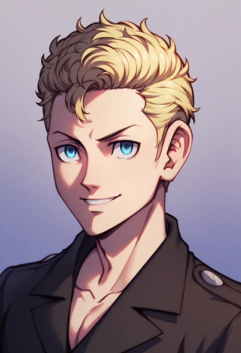 1boy, blonde dyed hair, medium hairstyle, blue eyes, wearing black blouse, handsome, smile, closer distance face, closer distance head, persona 5 artstyle, hd, high quality, best quality, masterpiece, 8k resolution