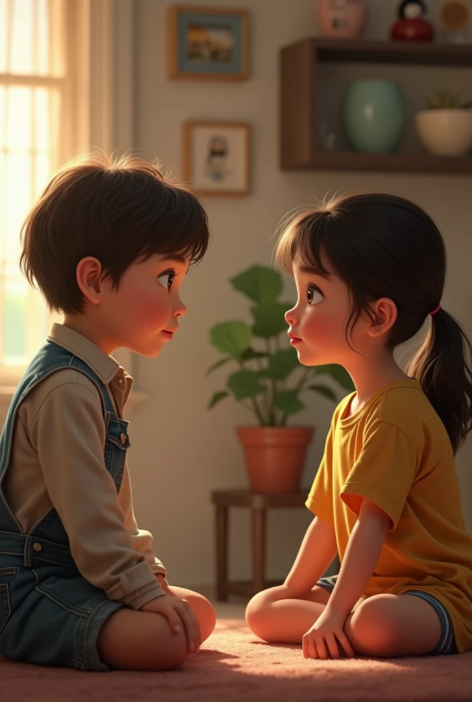 Create a realistic image of two children they are talking with each other