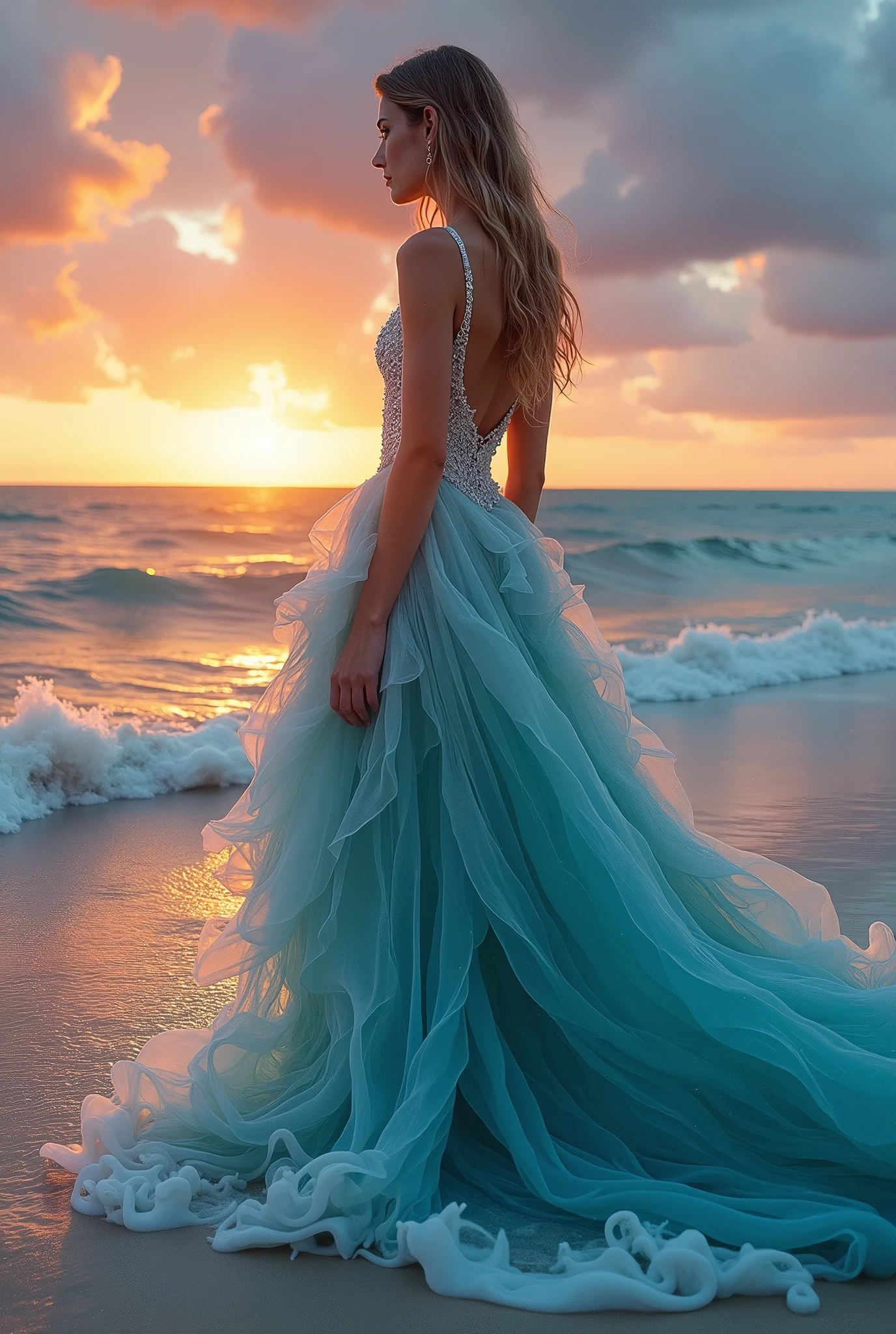 （（（The waves gather into a skirt:1.8））），A dress made from real ocean waves，（（The waves and the skirt are perfectly integrated:1.4）），（（The skirt extends and blends with the waves）），A girl standing on the beach，Epic composition，Surreal photography，Sunset，detail，Film style，[Top view:0.7]，Wide Angle