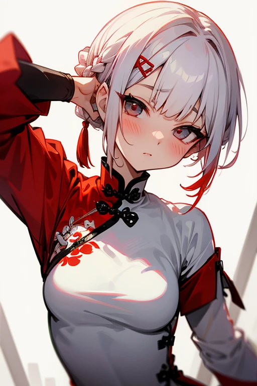 Short white hair, blush, (China dress)、Punk Fashion、Headbang 2.、White and red clothes、Braiding、2 hair clips、