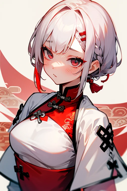 Short white hair, blush, (China dress)、Punk Fashion、Headbang 2.、White and red clothes、Braiding、2 hair clips、