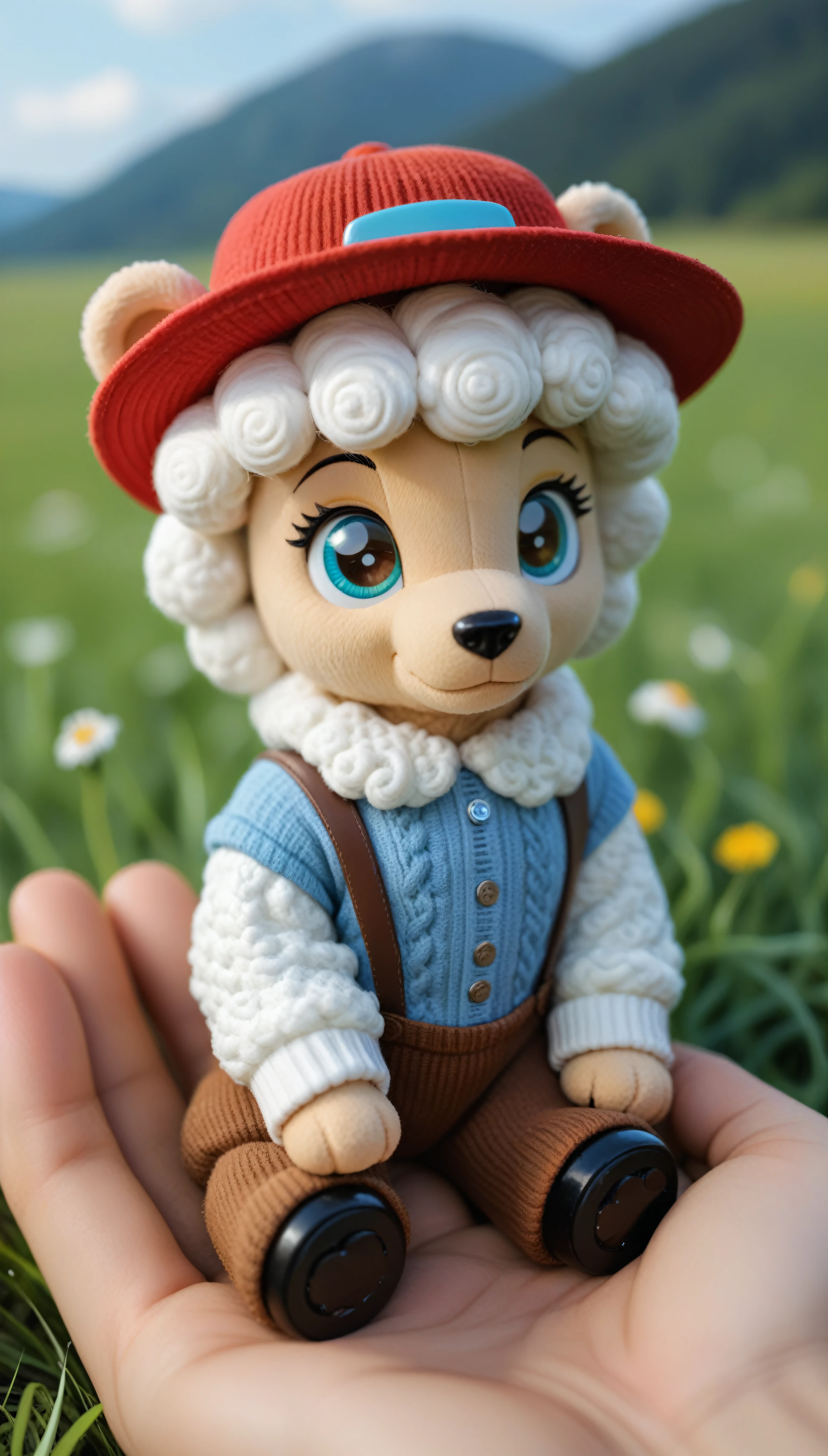 Knitted toy bear, small anthropomorphic animal, in a hat and antique clothes of the 17th century, macro photography in thick grass, dew drops reflecting the environment, super detailed toy, you can see every wool on the toy, you can see every shrvcik on the clothes, dragging all your things on itself, cute animal, cute toy,