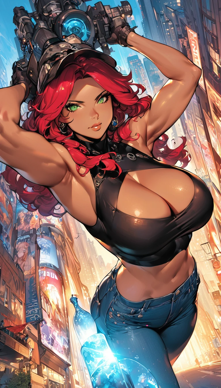 best quality,4k,8k,highres,masterpiece:1.2),ultra-detailed, extremely detailed eyes, extremely detailed body, (large masterpiece digital art), (detailed manga illustration), (detailed line art), ((perfect anatomy)), (intricate details:1.3), (ultra-detailed:1.3), (illustration:1.3), (sharp focus:1.3), (natural lighting:1.05), (vivid colors:1.3), (masterpiece), (best quality:1.4), (perfect anatomy:1.4), high quality, expressive eyes, full body, detailed face, beautiful face, perfect face, 1 girl, breasts, cleavage, gloves, large breasts, ultramarine jacket, very long hair, thigh length hair, ({dark skin}), dark-skinned female, detailed ((red hair)), messy hair, green eyes, gloves, jacket, hourglass physique, casual outfit, denim shorts, sneakers, graphic t-shirt, dynamic lighting, cityscape background curvy, Atey Ghailan, Jeremy Mann, Greg Manchess, Antonio Moro, trend in ArtStation, trend in CGSociety, Intricate, High Detail, Sharp focus, dramatic and photorealistic painting art by Midjourney and Greg Rutkowski, Jeff Bridges, ((cartoon style)), Marvel Cinematic Universe style, (((Boston in the background))), soft bokeh of Boston