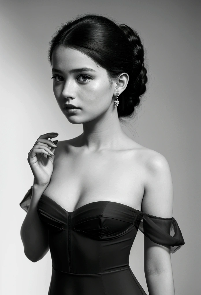 Mesmerizing portrait of a young girl with sharp facial features, dressed in red sexy,transparent dress,you can see her magnificent breasts through the fabric of her dress , off the shoulder, shot in a studio with dramatic lighting, alluding to the work of Irving Penn, on Nikon D850 camera with Nikon AF-S NIKKOR 85mm f lens/1.4G, blackandwhite, with high contrast, hyperrealism, high detail and high resolution 16k --ar 16:9 --q 2.