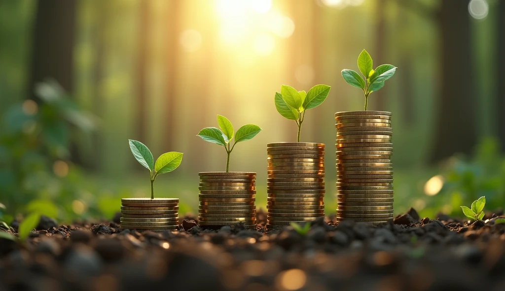 Photorealistic images Create highly realistic images, detailed and unique, there are four stacks of coins, on the ground, each stack is higher than the previous one. On top of each stack, grow small green shoots. This view is set against a forest backdrop at dusk., with the sunlight softly penetrating the trees and shining on the light bulbs. Intricate leaf details