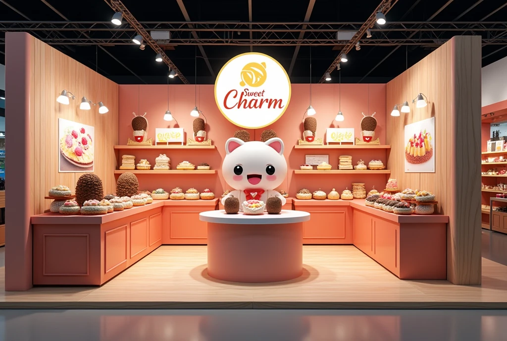 Create a booth for my marketing fair that will take place at the school, we have to simulate sales, so we need some products, we are a confectionery: sweet charm I want you to put a logo for my company, our stand with cakes and brigadeiros, a photo from the company's Instagram and the stand decorated with a mascot that matches the bakery.