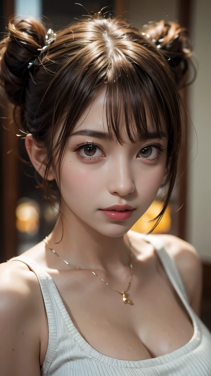 (Ultra-realistic), (shape), (High resolution), (In 8K), (Very detailed), (Best shape), (Beautiful details), (Highest quality), (Very detailedな), (wallpaper), (Detailed face), Droopy eyes, Sweat a lot, Upper body close-up, Underarm,short hair,Girl wearing sleeveless sweater, Japanese, Her cleavage is visible, (Camel Toe)