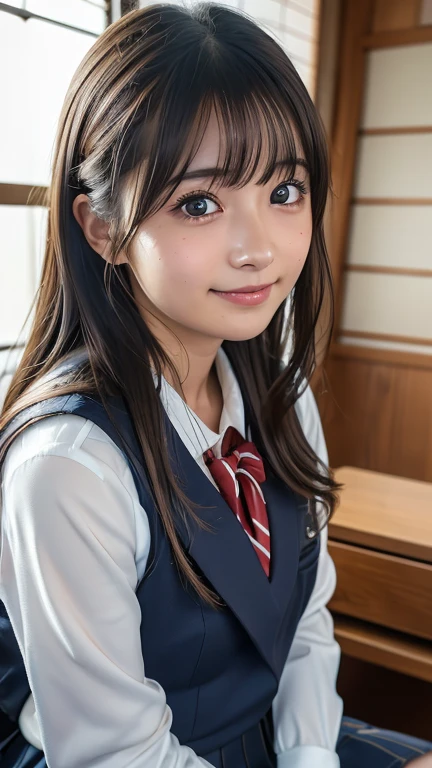 (8k, Photorealistic, RAW Photos, Best image quality: 1.4), Japanese girl、Super detailed face、Eye on the details、double eyelid、Sharp focus:1.2、Beautiful woman:1.4、Light brown hair、Highest quality、masterpiece、Ultra-high resolution、(Photorealistic:1.4)、非常に詳細でプロフェッショナルに照らされたsmile、(Japanese high school uniform:1.5)、blush、amount、Small breasts、Shaggy Hair、From below、Low - Angle、smile、freckles、classroom,Sitting at a desk、Knee-high socks、On your knees、Tie your hair with your hands