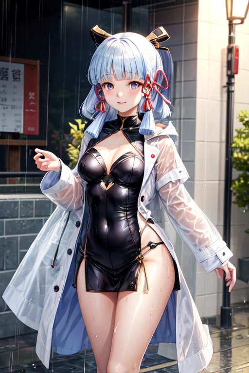 Kamisato Ayaka|genshin impact, masterpiece, bets quality, proportional body,medium breast, white hair,Raincoat, wet ,Rain,