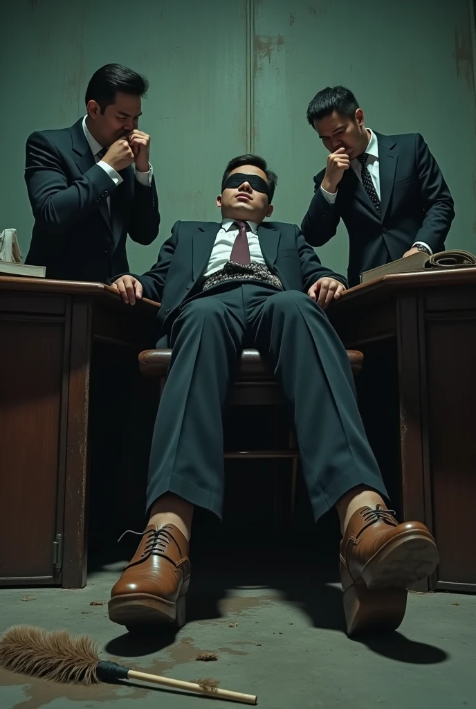 Malaysia malay handsome  23years  student 
He faint
Smelly feet
His hand handcuff in  abondon warehouse 
Blindfolded
handcuff
Formal Outfit 
Focus sweaty hot feet on desk
feather duster on desk
Dirty Black sock on desk
2 mafia pinch nose
Feet tickle