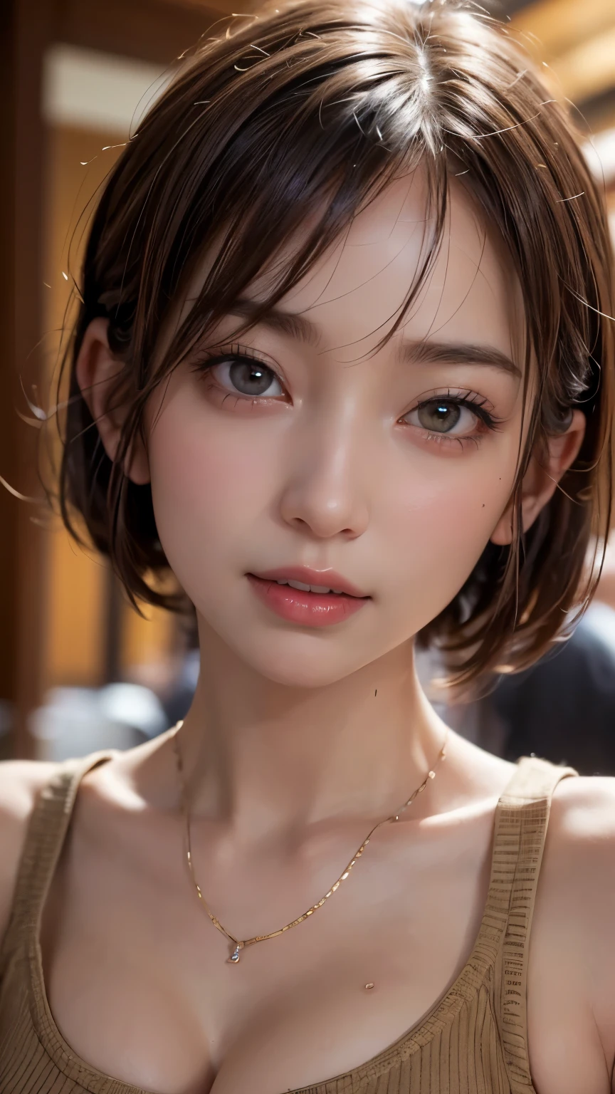 (Ultra-realistic), (shape), (High resolution), (In 8K), (Very detailed), (Best shape), (Beautiful details), (Highest quality), (Very detailedな), (wallpaper), (Detailed face), Droopy eyes, Sweat a lot, Upper body close-up,  Underarm,short hair,Girl wearing sleeveless sweater, Japanese, Her cleavage is visible, (Camel Toe)