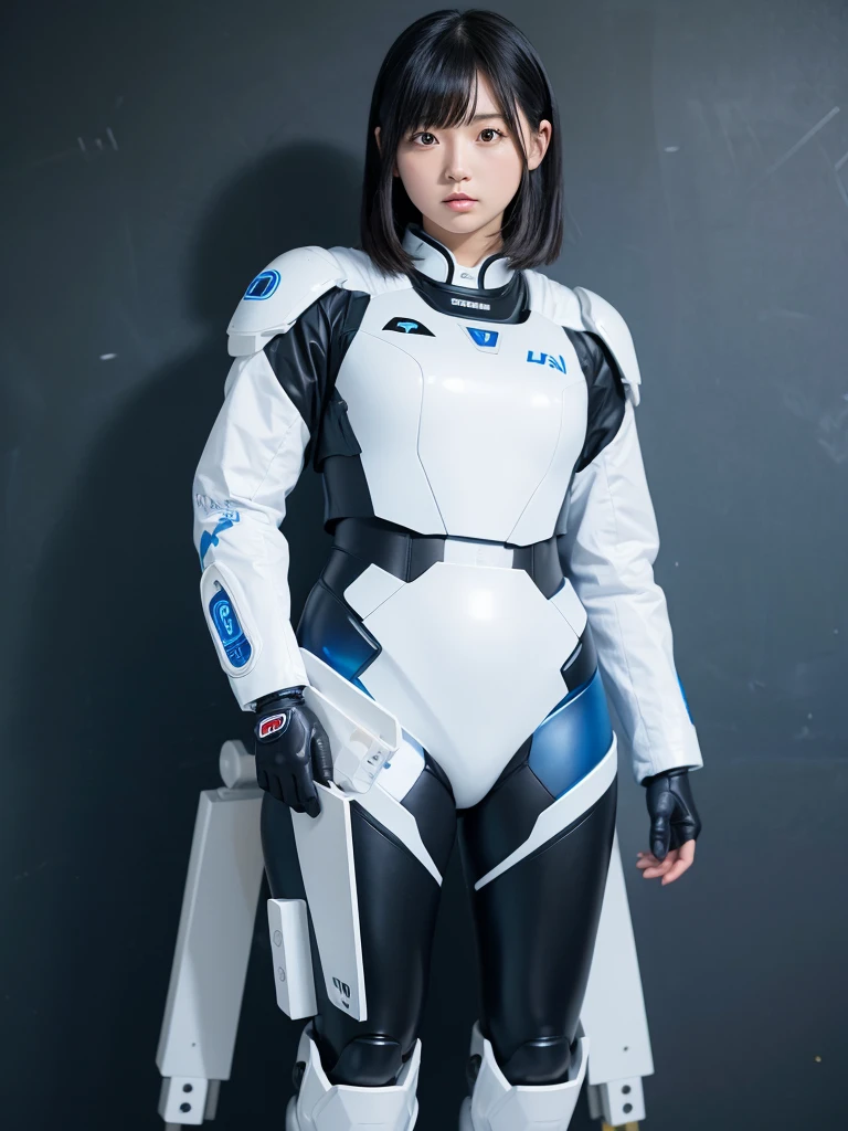 Japanese female android,Black Hair,White and blue robot suit,Plump,Standing in front of a blackboard at school,