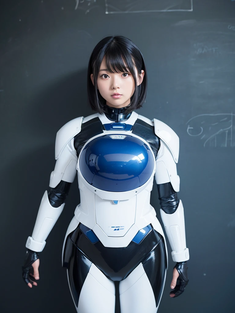 Japanese female android,Black Hair,White and blue robot suit,Plump,Standing in front of a blackboard at school,