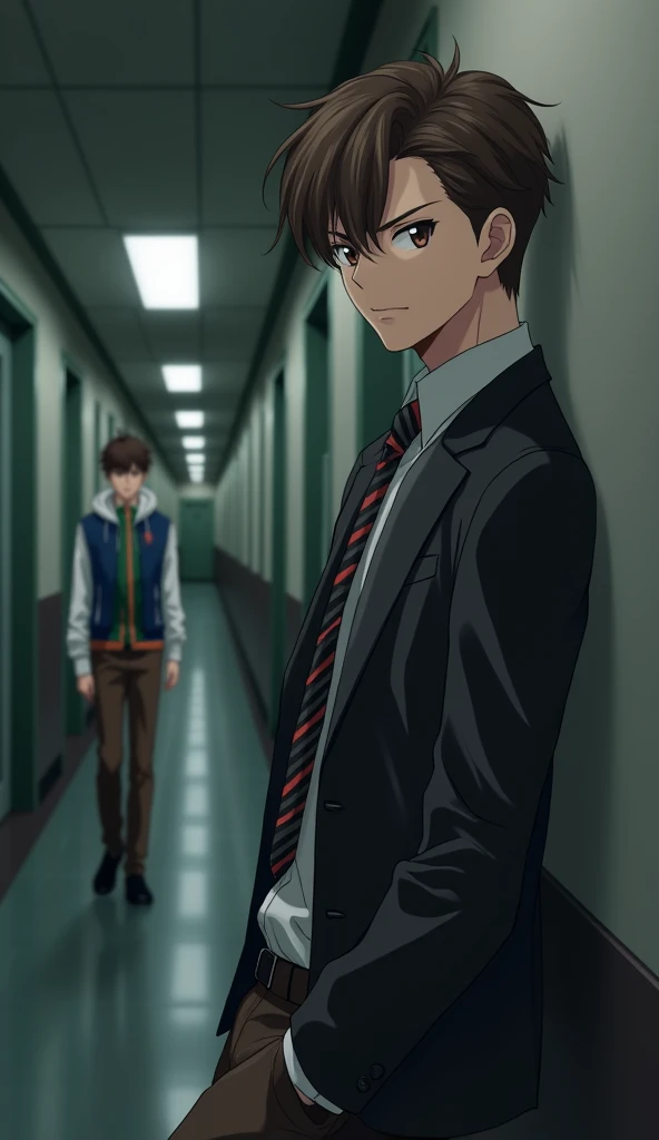 Create an image of a young man named Kiyotaka standing alone in a quiet, dimly lit corridor, with a calm yet calculating expression on his face. He is tall and lean, with brown hair neatly styled and brown eyes that hold a sharp, observant gaze. His fair complexion contrasts with the shadows around him. He is wearing a standard school uniform: a dark blazer over a white shirt, a striped tie, and neatly pressed trousers. 

Outside the school environment, he is depicted in a different outfit, consisting of a white hoodie that partially covers a green shirt with an orange stripe, paired with brown pants. An alternate outfit for the scene could include a blue vest over a white shirt with brown pants, emphasizing his casual yet meticulous style.

In this scene, Kiyotaka is leaning against the wall, his posture relaxed but alert, with one hand casually resting in his pocket. His other hand is loosely holding a small, inconspicuous object, like a key or a pen, symbolizing his strategic nature. His facial expression is neutral, almost indifferent, with no hint of emotion, reflecting his usual lackadaisical and aloof demeanor. His eyes, however, hint at a deeper thought process, as if he is analyzing his surroundings or contemplating his next move.

The lighting casts subtle shadows that highlight his well-built physique, particularly emphasizing the defined muscles in his arms and lower body, a testament to his rigorous training in the past. Despite his calm exterior, there is an underlying tension in his stance, as if he is always ready to act, reinforcing the sense of mystery and depth that surrounds his character. Make it anime style 