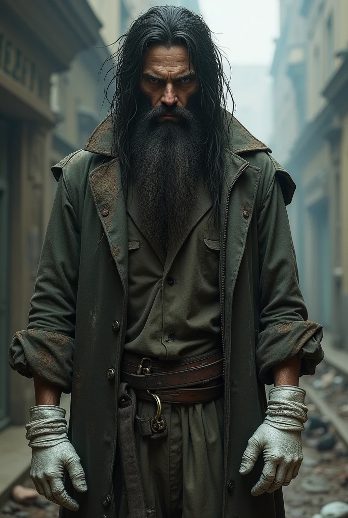 A tall man, His face was gloomy, covered in a long, dirty beard that looked like it hadn&#39;t been cut in months.. His long, dark hair was just as battered as his beard.. His clothes were dirty and looked old., Just like his gloves that seemed to be covered in white metal..