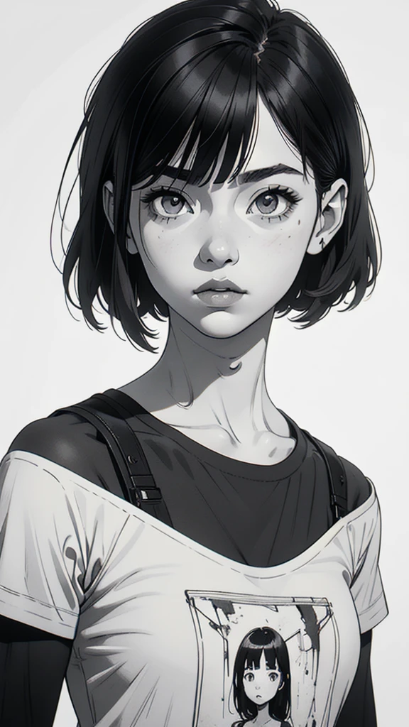1 korean boyish girl, solo, sharp eyes, monochrome, greyscale, shoulder length black hair, portrait, blank white T-shirt, Thin eyebrows, closed mouth, looking at viewer, graphite \(medium\), detailed lips, hatching \(texture\), without makeup, (bangs), upper body, (best illustration), (best quality), (very detailed), (masterpiece), expressionless,