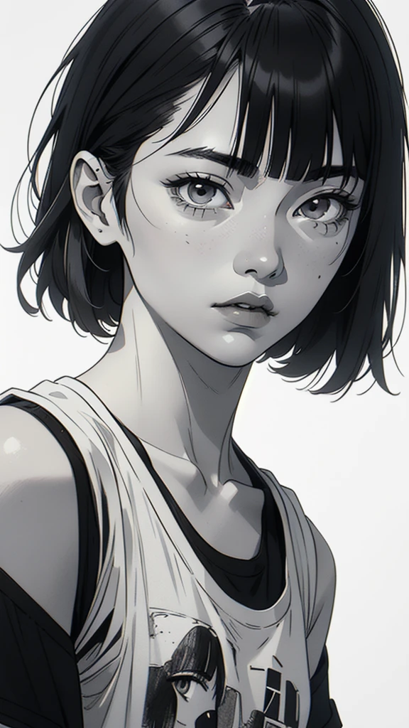 1 korean boyish girl, solo, sharp eyes, monochrome, greyscale, shoulder length black hair, portrait, blank white T-shirt, Thin eyebrows, closed mouth, looking at viewer, graphite \(medium\), detailed lips, hatching \(texture\), without makeup, (bangs), upper body, (best illustration), (best quality), (very detailed), (masterpiece), expressionless,