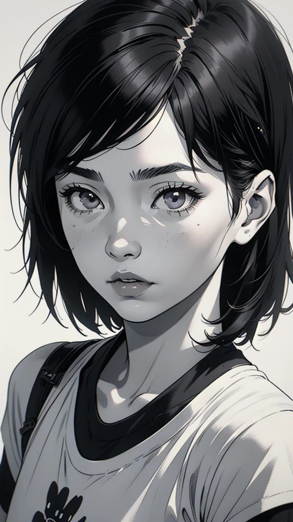 1 korean boyish girl, solo, sharp eyes, monochrome, greyscale, shoulder length black hair, portrait, blank white T-shirt, Thin eyebrows, closed mouth, looking at viewer, graphite \(medium\), detailed lips, hatching \(texture\), without makeup, (bangs), upper body, (best illustration), (best quality), (very detailed), (masterpiece), expressionless,