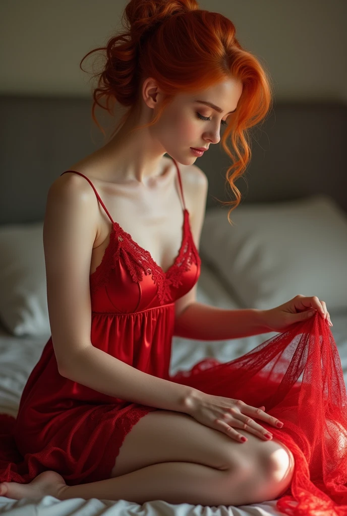 (masterpiece, best quality, Realistically, Work, Very detailed, 8k), 1 girl，Full figure，Thin waist, A red hair，Pompadour hairstyle, curls, Nightdress，Sitting on the bed，Open your legs from left to right，She stroked the red lace. 超精细8K高品质masterpiece (Professional photography:1.37)(Sharpness:0.8)(Luminism:1.28)