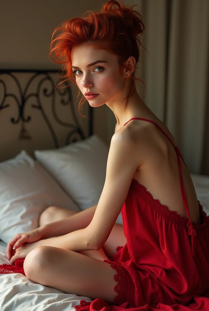 (masterpiece, best quality, Realistically, Work, Very detailed, 8k), 1 girl,Full figure,Thin waist, A red hair,Pompadour hairstyle, curls, Nightdress,Sitting on the bed,Open your legs from left to right,She stroked the red lace. 超精细8K高品质masterpiece (Professional photography:1.37)(Sharpness:0.8)(Luminism:1.28)