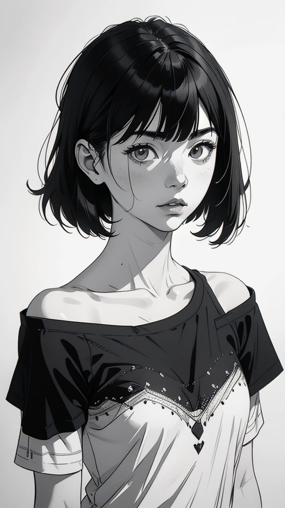 1 korean boyish girl, solo, sharp eyes, monochrome, greyscale, shoulder length black hair, portrait, blank white T-shirt, Thin eyebrows, closed mouth, looking at viewer, graphite \(medium\), detailed lips, hatching \(texture\), without makeup, (bangs), upper body, (best illustration), (best quality), (very detailed), (masterpiece), expressionless,