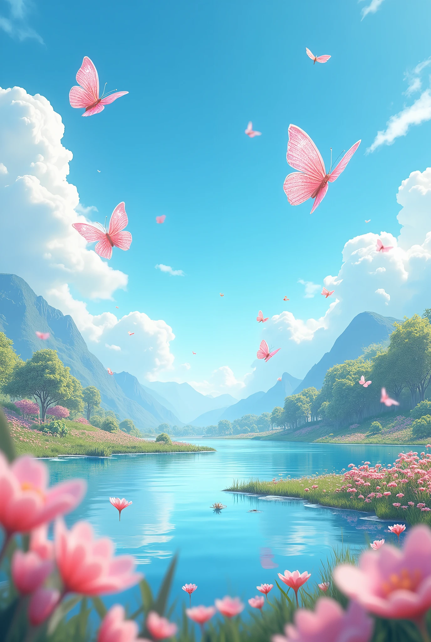 There is a lake in the middle of the water-soaked flower field, blue sky, clouds, Crystal butterflies, water splash, High detail scenes, Animation style rendering, Estilo Artistic de alta fidelidad., High detail composition, Beautiful 3d 4k composition, Artistic, Spring vibration, Bottom corner, blurry and dreamy illustration, dream scenes, numerical art, High fidelity aesthetics