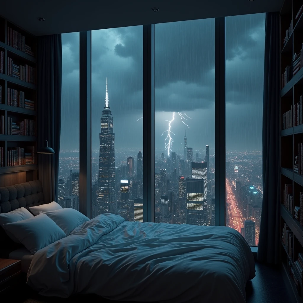 moody aesthetic, beautiful cozy, cramped bedroom with floor to ceiling glass windows overlooking a cyberpunk city at night, view from top of skyscraper, white bedsheets, bookshelves, thunderstorm outside with torrential rain, detailed, high resolution, photorrealistic, dark, gloomy,