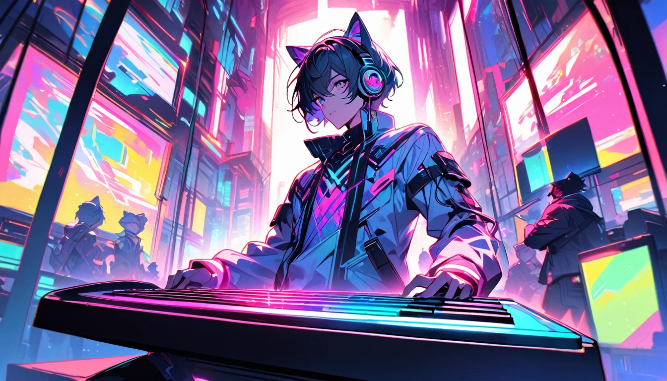 Character:
A beautiful boy with short hair featuring glowing wires. He wears a half hat, headphones, and cat ears, blending sci-fi and neon tones.
Setting:
The scene is on stage.
The background features a residential neighborhood.
He is playing a keyboard.
Perspective:
View from inside.
The visual will be highly striking, merging futuristic technology with a vibrant atmosphere. The glowing wires and neon tones will beautifully contrast with the neon-lit robot in the background, creating an immersive and lively scene.
