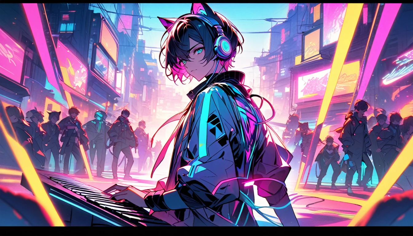 Character:

A beautiful boy with short hair featuring glowing wires. He wears a half hat, headphones, and cat ears, blending sci-fi and neon tones.
Setting:

The scene is on stage.
The background features a residential neighborhood.
He is playing a keyboard.
Perspective:

View from inside.
The visual will be highly striking, merging futuristic technology with a vibrant atmosphere. The glowing wires and neon tones will beautifully contrast with the neon-lit robot in the background, creating an immersive and lively scene.

