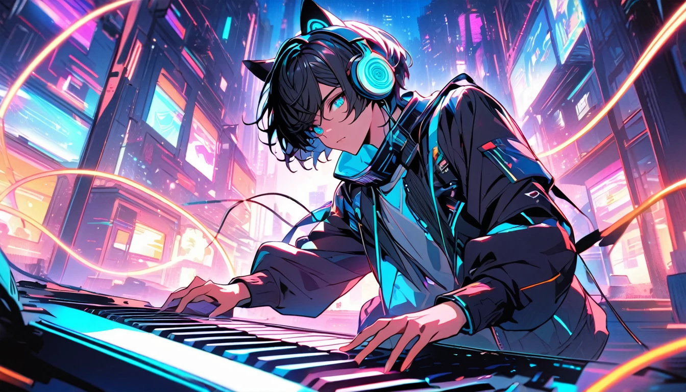 Character:

A beautiful boy with short hair featuring glowing wires. He wears a half hat, headphones, and cat ears, blending sci-fi and neon tones.
Setting:

The scene is on stage.
The background features a residential neighborhood.
He is playing a keyboard.
Perspective:

View from inside.
The visual will be highly striking, merging futuristic technology with a vibrant atmosphere. The glowing wires and neon tones will beautifully contrast with the neon-lit robot in the background, creating an immersive and lively scene.

