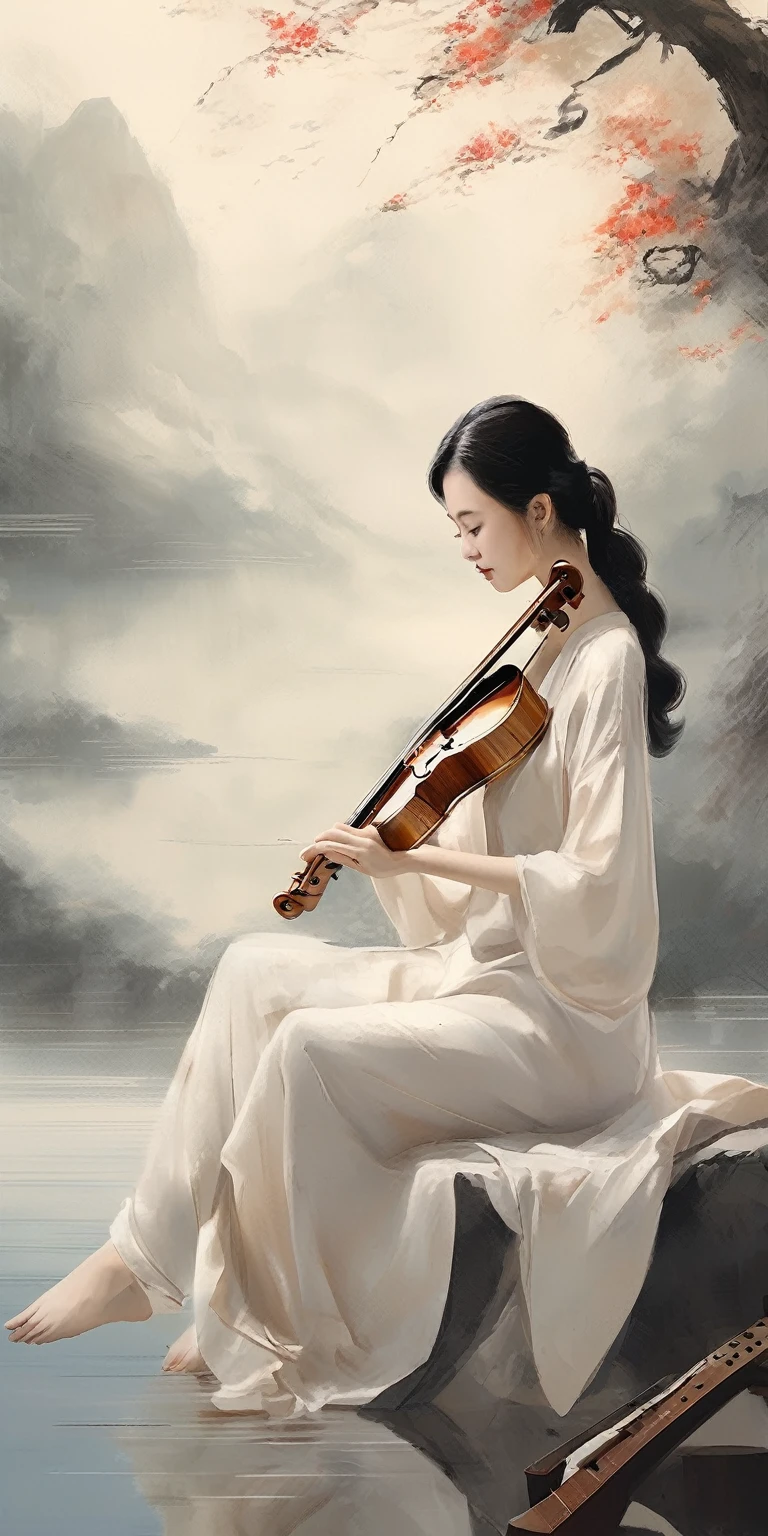Flute and violin、classical guitar painting、The atmosphere is like that of a musical score.、Sense of luxury、Well-balanced placement、
