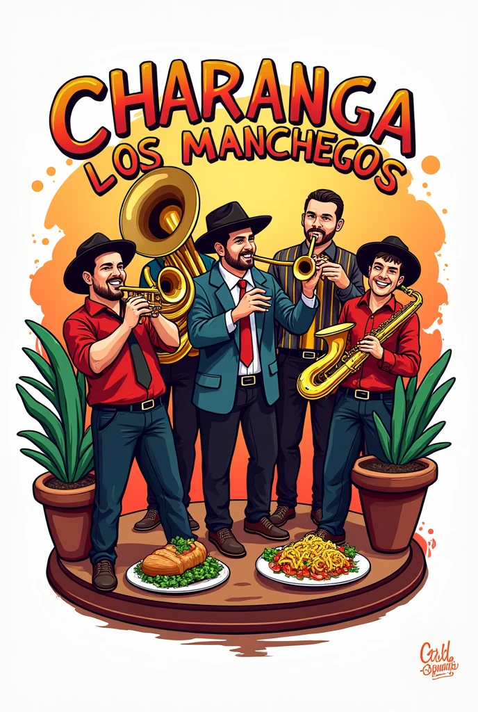 Create a logo for a band of musicians called Charanga Los Manchegos and that features a trumpet, a tuba, a bass drum, some dishes, a trombone and a sax.
Have a fun and spicy touch.