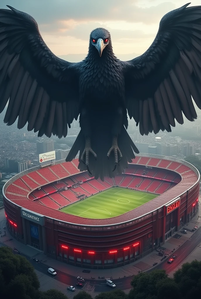 "A large, ultra-modern stadium designed for soccer, predominantly colored in red and black, is being overshadowed by a massive, imposing vulture with a fierce, predatory gaze. The vulture's wings are spread wide, its feathers detailed in shades of black and dark red, matching the color scheme of the stadium. The stadium is bustling with tiny, distant vehicles and figures, emphasizing the enormity of the bird. Surrounding the stadium are urban buildings and a distant cityscape under a dusk sky, creating an epic, surreal atmosphere."