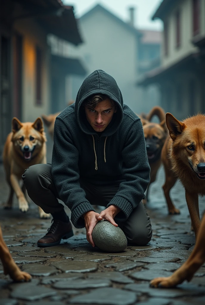 Picture of a young man wearing a dark sweater squatting holding a stone to throw at a group of fierce dogs 5 meters away with the dog in front of him about to attack him in the middle of a quiet village with dim lighting.