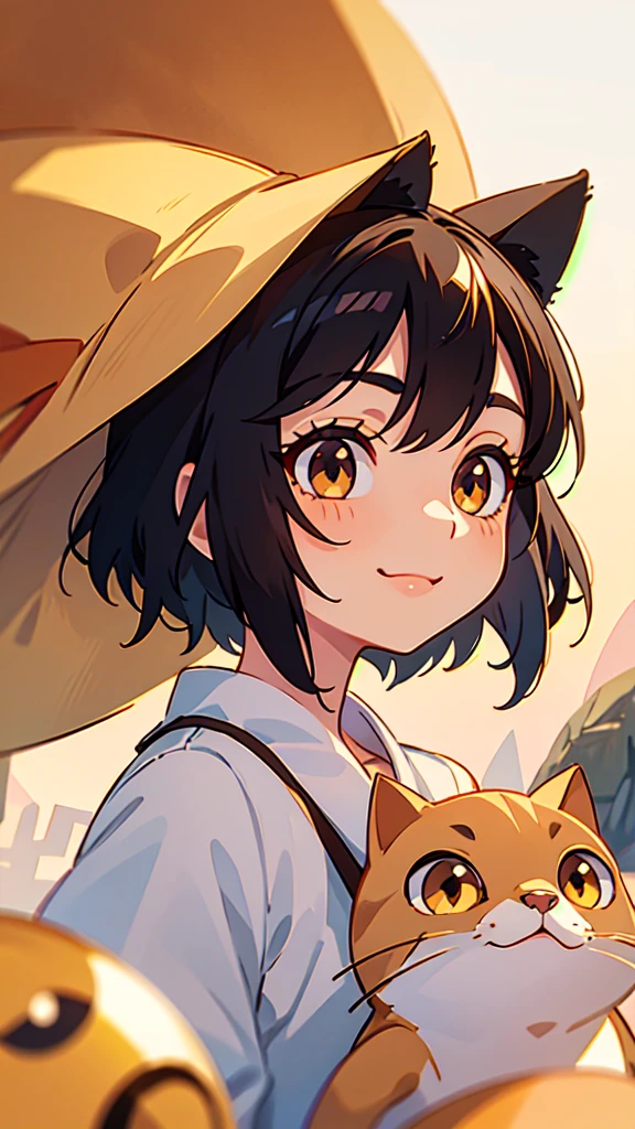 1 Girl、Shiny black hair、Long eyelashes、Round eyes、fake animal ears、smile、tooth、short hair、Cat ear、Upper body close-up、Golden hour sky、Near the lighthouse