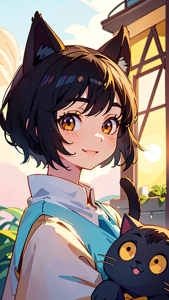 1 Girl、Shiny black hair、Long eyelashes、Round eyes、fake animal ears、smile、tooth、short hair、Cat ear、Upper body close-up、Golden hour sky、Near the lighthouse