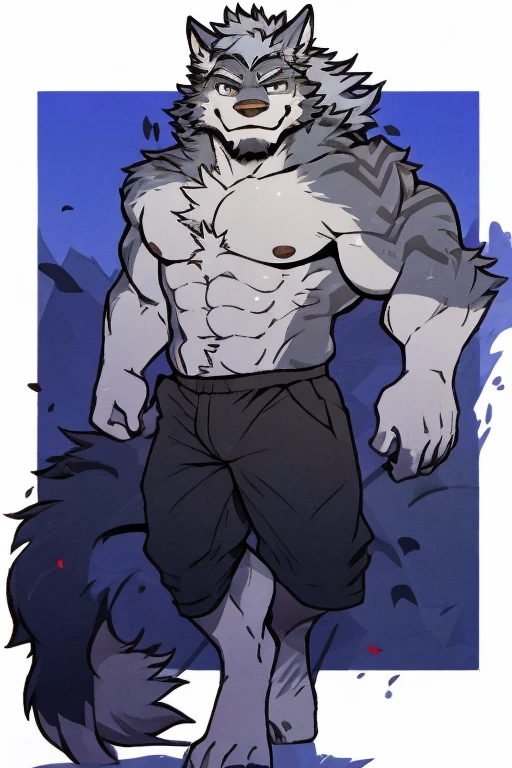 The Top Picture of A Very Muscular Furry Gray Wolf. He is Topless with a gray shorts. His both hand is Together behind his head. The background is Gray. He have a little messy hair. He have gray eye. He is looking at the viewer. He is smiling