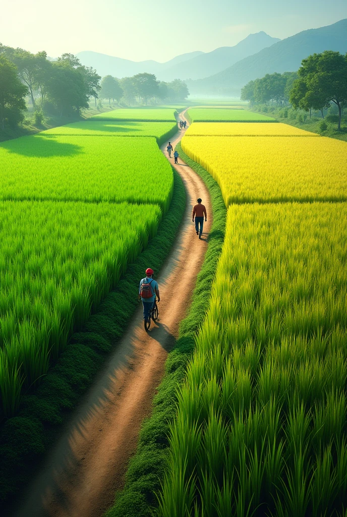 Two Side Rice Field middle Road Green Rice Cut Make Bangladesh Awami league flag