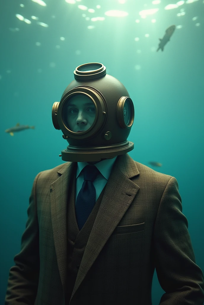 A man with vintage brown diving helmet on head and wearing british checked brown suit