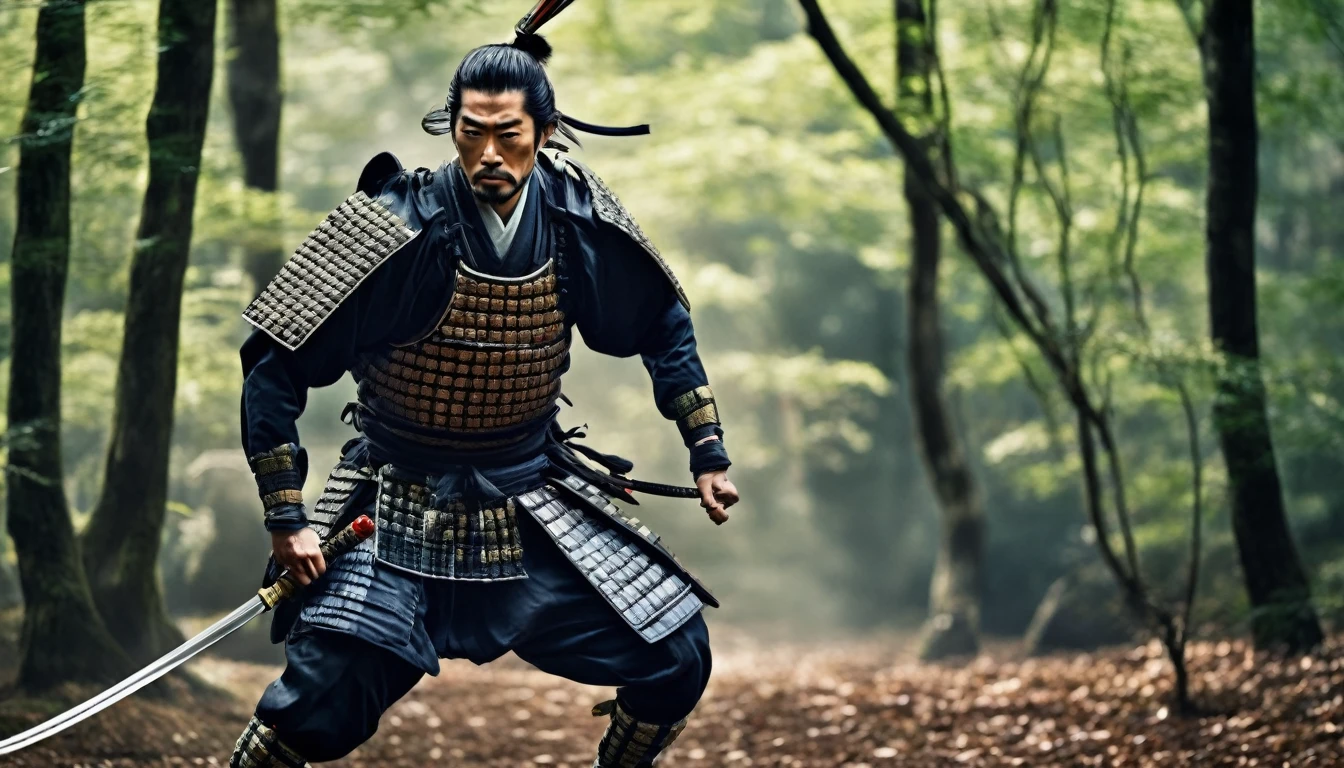 Realistic image, movie style, one Japanese samurai, wearing Japanese armor, serious expression, shown from head to toe, full body shot, running with Japanese sword at the ready, forest in the background, powerful camera work