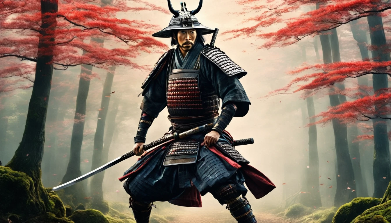 Realistic image, movie style, one Japanese samurai, wearing Japanese armor, serious expression, shown from head to toe, full body shot, running with Japanese sword at the ready, forest in the background, powerful camera work