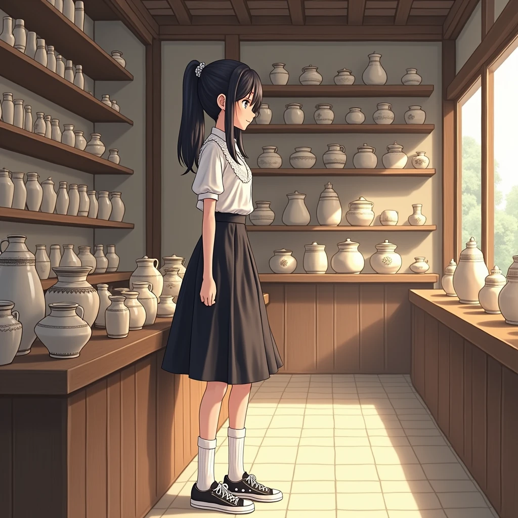 Anime Style, Realistic and beautiful backgrounds,
A girl looking at pottery,
She is wearing a cute white decorated blouse with short sleeves and no buttons., mid black flare skirt, no school uniform, no pleated skirt,
Wearing white knee-high socks, Wearing sneakers.
並んだJapanの陶器, shop, Japan,
Daytime, from side.