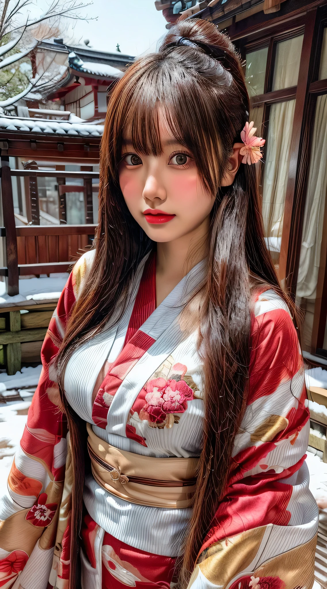 8k, Absurd, 4K, High resolution, ultra detailed, 最high quality, insanely detailed, masterpiece, beautiful, high quality, detailed, hyper detailed, Exquisite, girl, smile, Are standing, View your viewers, (Recall:1.3), Long Hair, Straight hair, Brown Hair, puppet, Droopy eyes, Glowing Skin, detailed skin, detailed face, glamorous, Sensual, Curvy, beautiful ass, beautiful breasts, (Idol, kimono:1.3), Curvy, Japanese Idol, Cute Face, teenager, Japanese, At the hot spring, At dusk, (with snow:1.3), RAW Photos, Realistic, Ultra-realistic photos, Portrait Photography, Cowboy Shot, from the front, Dynamic Angle, sharpen, Golden Hour, Cinema Lighting, Depth of written boundary