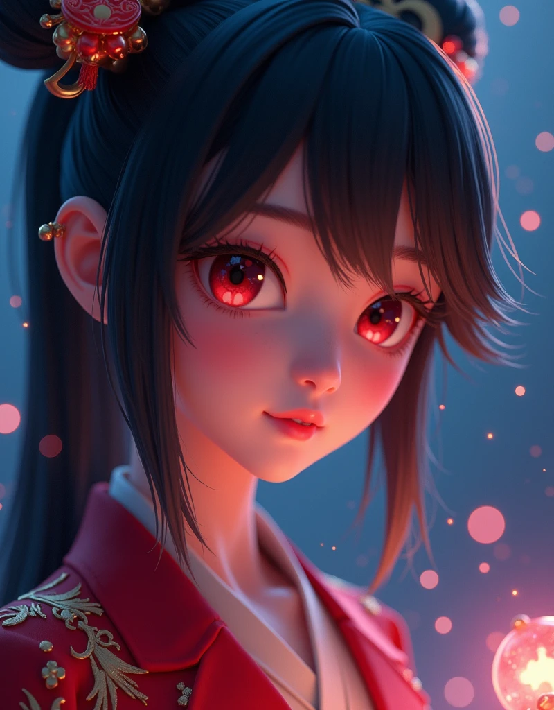 Chinese anime girl,close up shot,rendered ,3d,firefly glow in background,dark blue backg