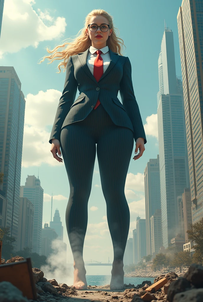 (photorealism:1.2), beautiful school, a massive curvy blonde ponytail red lips wearing a perfect pinstripe suit with a thick red tie large collar thin face large breasts. , standing, giantess art, highly detailed giantess shots, giantess, most detailed, perfect face, Two legs, Five fingers, short hair, A high school girl who is bigger than a skyscraper, Wearing rimless glasses, smile, huge breasts, Red tie, , Steam coming out from the soles of my feet, seaside metropolis, numerous Destroying cities, Under heavy attack, A very small big city, Miniature metropolis, Full body description, GTS, giga giantess, gigagts, stomping city, crash city, tiny city, micro city, pantyhose feet, High resolution, highest quality, masterpiece,