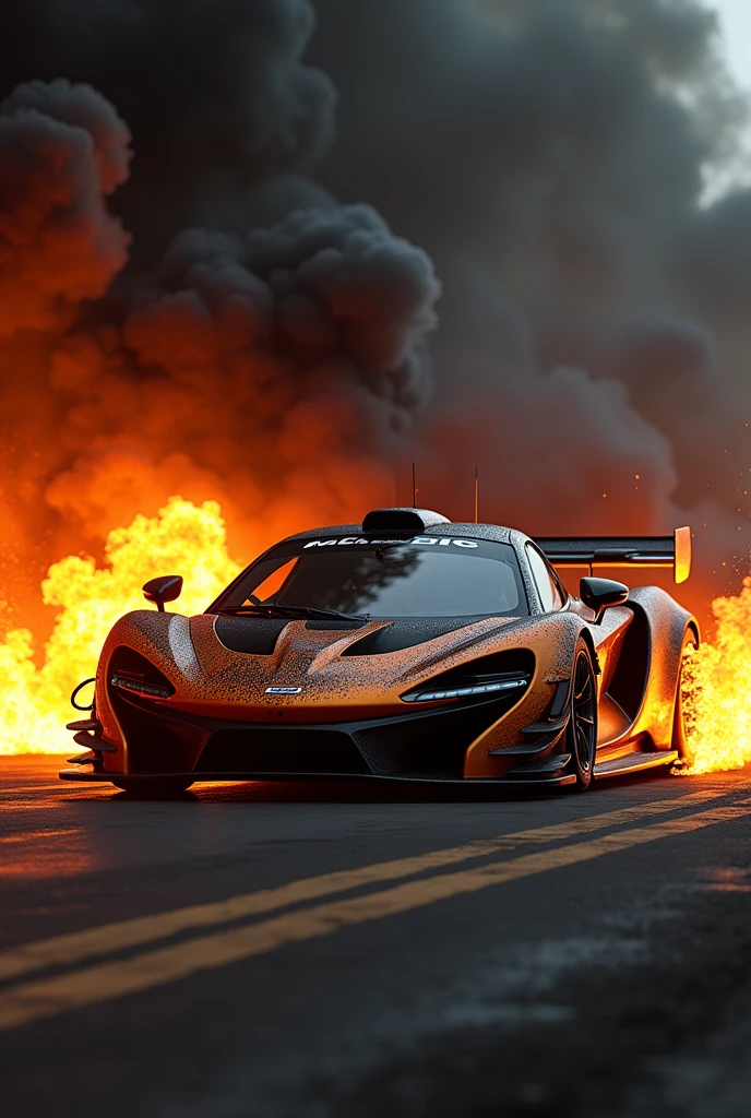 Mclaren senna gtr on fire with black smoke recreating a legendary photo that looks realistic