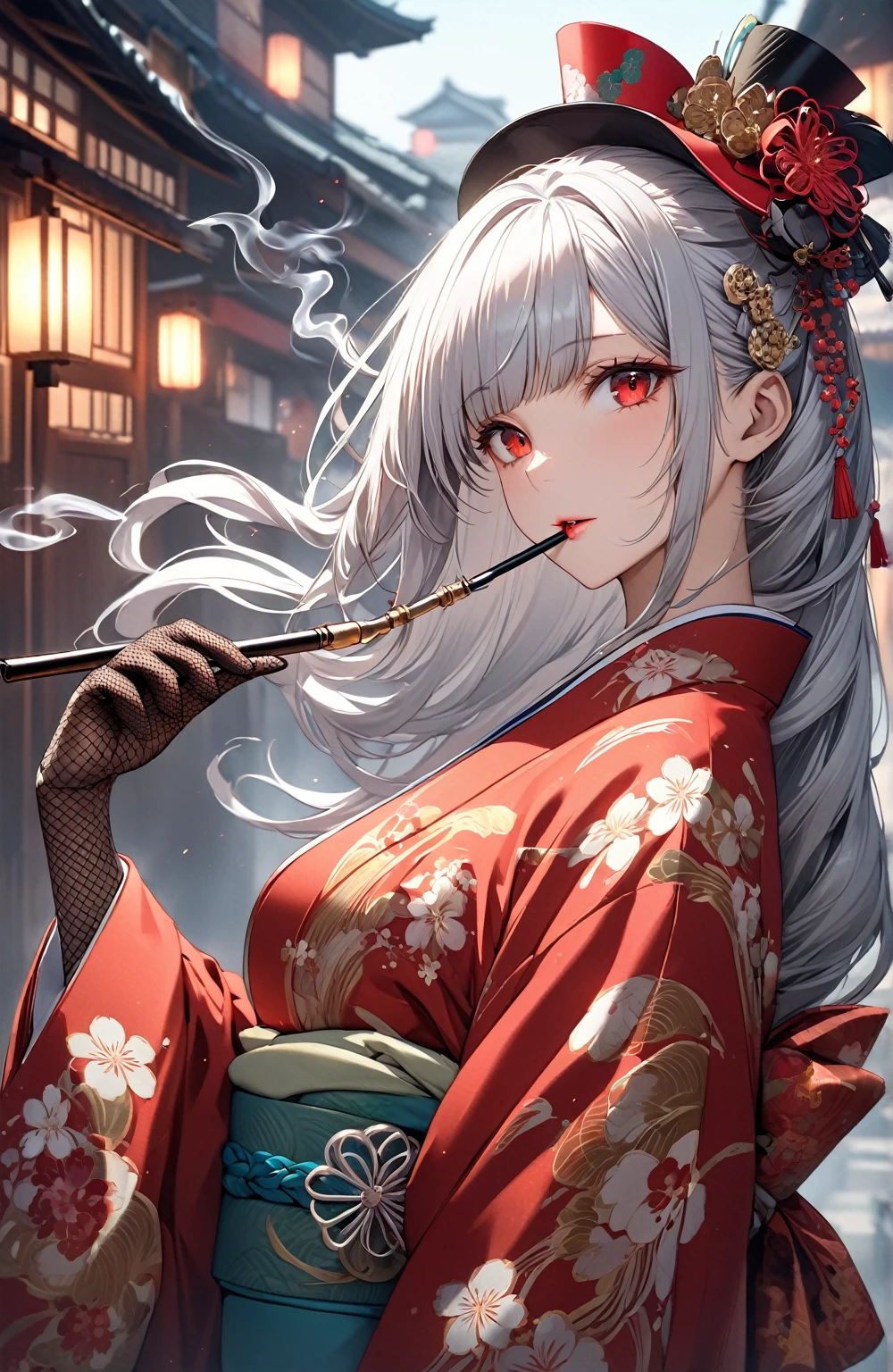 Ultra high resolution, rich colors, perfect image, top quality, detailed image, beautiful single woman, glowing skin, skin and clothing texture, delicate eyes, Showa era town, kimono, haori, angled cocktail hat, black fishnet gloves, smoking pipe, sideways, long silver hair, red eyes