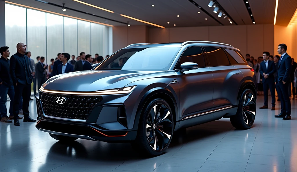 a luxury Hyundai Palisade mixed with luxury Bugati, electric car, futuristic full LED design, in a showroom with a lots people