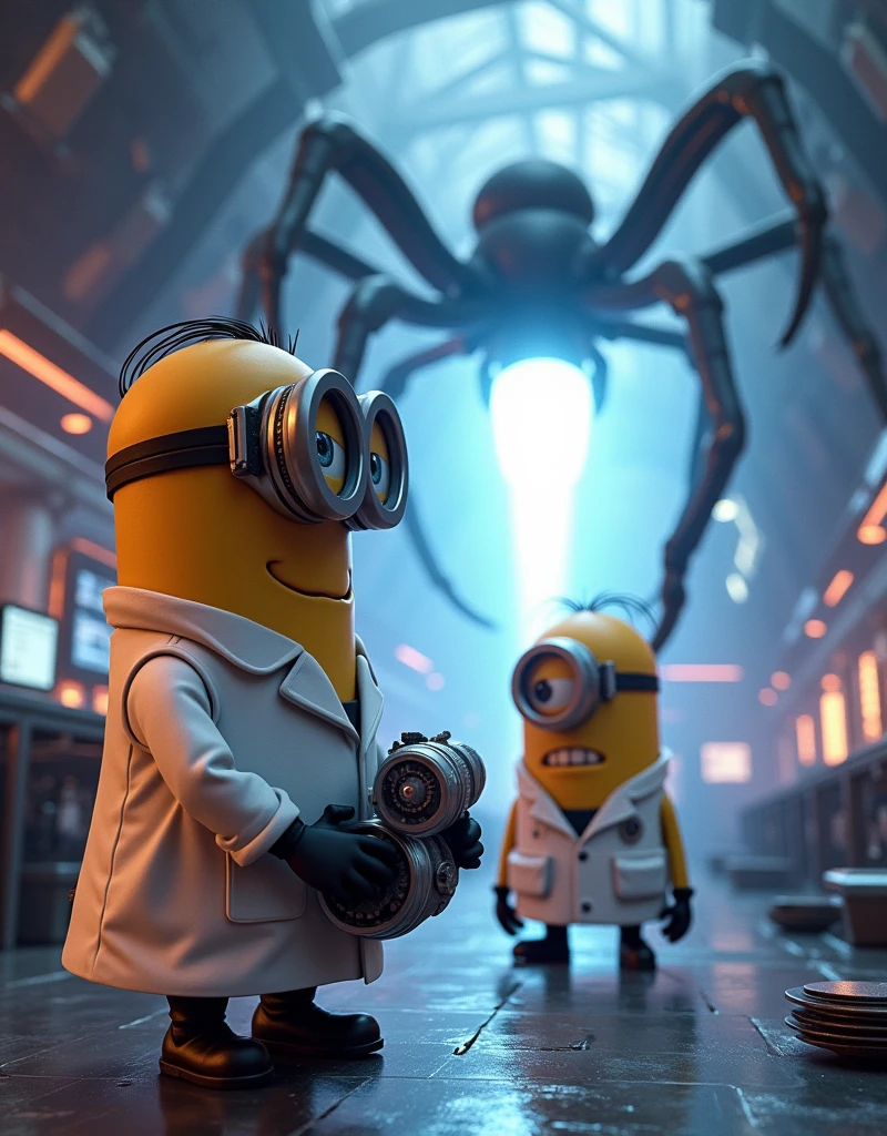 Minion Kevin Scientist Suit Image.stand in front of the big energy cannon, emitted a powerful beam of light towards the giant spider..